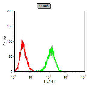 使用NOS2小鼠单抗(绿色)和阴性对照(红色)对Hela细胞进行流式细胞术分析